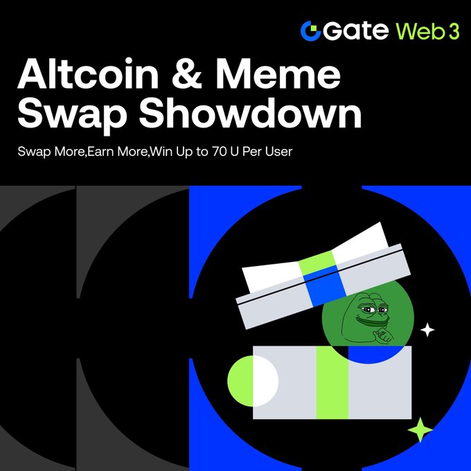 The image is a promotional banner for Gate Web3's "Altcoin & Meme Swap Showdown," featuring the tagline "Swap More, Earn More, Win Up to 70 U Per User," alongside the Gate Web3 logo and a stylized graphic of money bundles with a Pepe meme frog, visually reinforcing the event's theme of earning rewards through altcoin and meme token swaps.