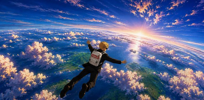An anime character in a white and black outfit flies through a vibrant sky filled with clouds, with the sun shining brightly over a vast blue ocean.