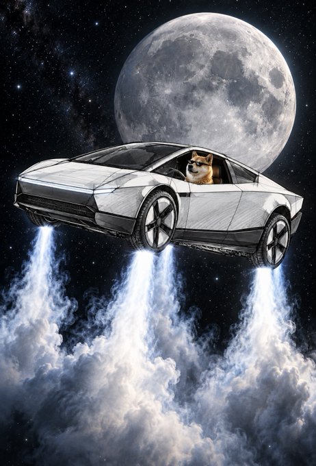 A stylized illustration of a Shiba Inu dog wearing sunglasses driving a futuristic white sports car flying through space, propelled by rocket exhaust through clouds with a large moon in the background.