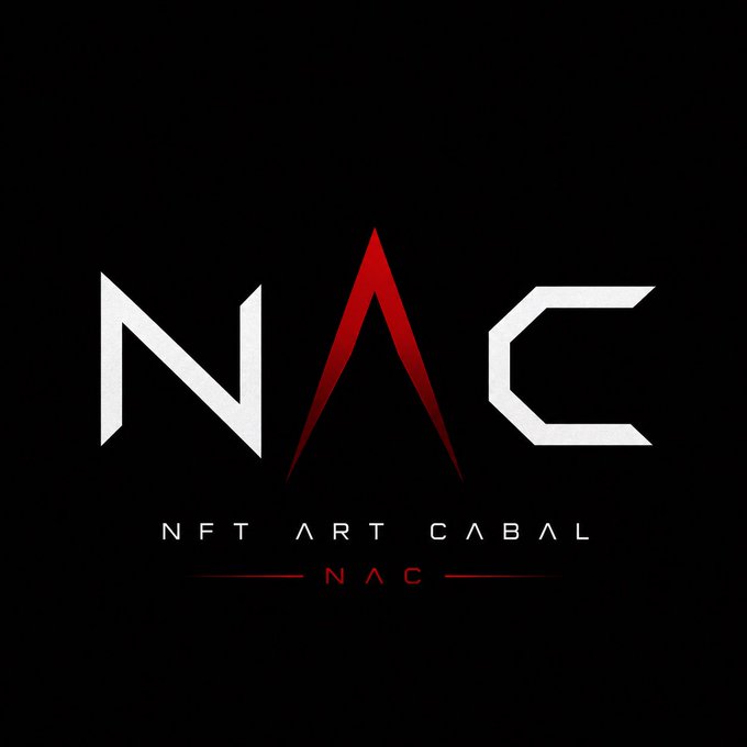 A minimalist logo on a black background features the letters "NAC" in white with a red triangular accent forming the "A," accompanied by the text "NFT ART CABAL" below.