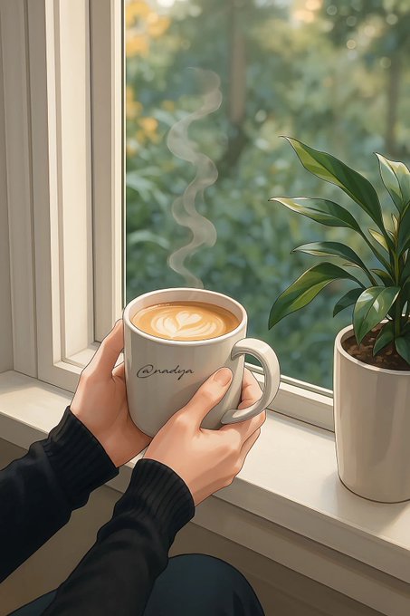 An anime-style illustration of hands holding a steaming latte in a white mug by a window, with a potted plant and a view of green foliage outside.