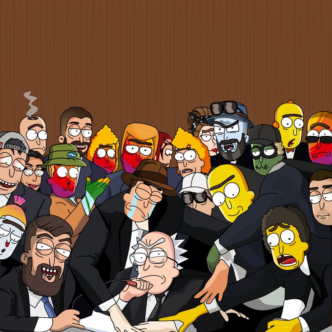 A chaotic South Park-style illustration depicting a large crowd of characters in black suits, including several with yellow Simpson-like faces, frantically grabbing at an older bald man in the center.