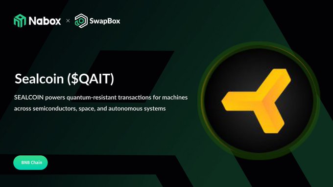 The image features a website called "swapbox.io" with a green background, which has a yellow triangle logo at its center. The text displayed on this website reads "Nabox Wallet Swap! @Sealcoin QAIT Tap #NaboxWallet Swap!". This suggests that the website is promoting the use of Sealcoin as an alternative to traditional payment methods and encourages users to tap their cards or mobile devices for transactions instead of using cash.