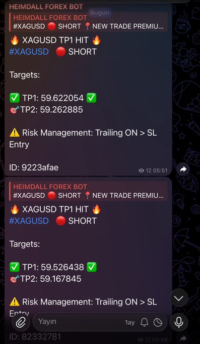 The image shows two Telegram alerts from the "HEIMDALL FOREX BOT" announcing that TP1 (Take Profit 1) has been hit on short positions for XAGUSD, with targets hit at approximately 59.622054 and 59.526438, and risk management set to trailing stop loss. These alerts illustrate the bot's successful trade signals, supporting the post's claim that the HeimdaLL team's XAU/XAG bot is delivering results even amid a sluggish crypto market.