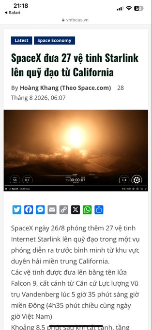 A Vietnamese news article from vnfocus.vn titled 'SpaceX đưa 27 vệ tinh Starlink lên quỹ đạo từ California' by Hoàng Khang, dated August 28, 2026, featuring an image of a rocket launch at sunset.