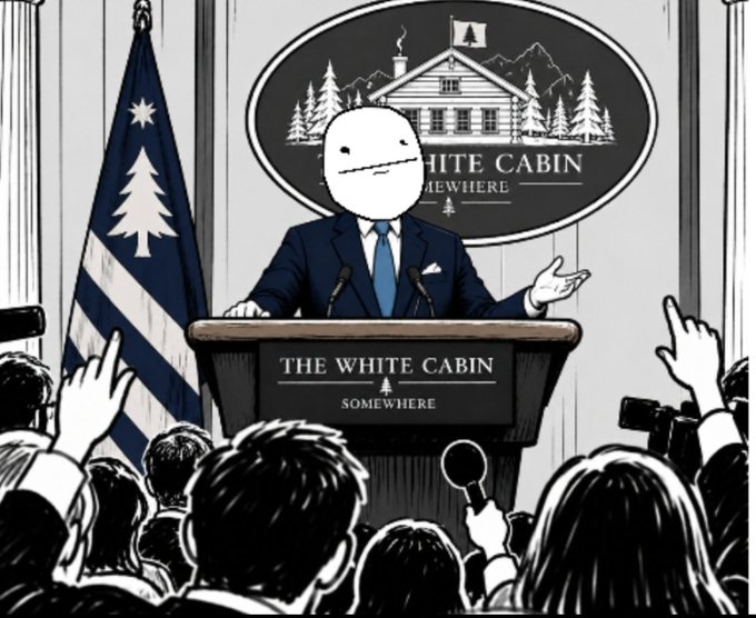 A black-and-white illustration depicts a faceless white figure in a suit speaking at a podium labeled 'THE WHITE CABIN SOMEWHERE', with a seal behind it and reporters below.