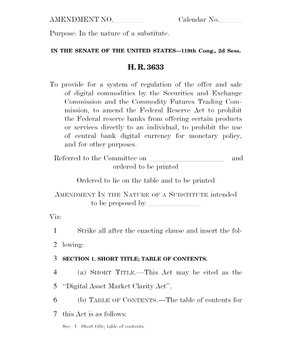 This image displays H.R. 3633, an amendment to be proposed in the Senate, titled the "Digital Asset Market Clarity Act." It relates to the accompanying post by showing the legal text of a proposed bill that JPMorgan is warning could delay institutional Bitcoin adoption if not passed.