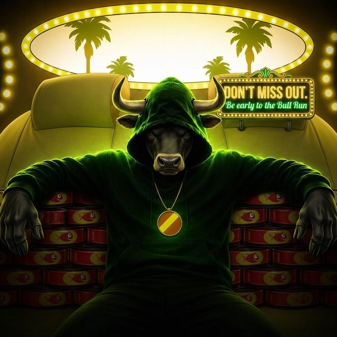 The image depicts a stylized green hoodie-wearing bull with a "Don't Miss Out, Be Early to the Bull Run" neon sign, symbolizing bullish crypto momentum, which complements the post promoting the $BHOODIES airdrop and encouraging early participation.