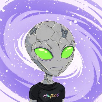 A cartoon alien with a gray cracked head and large glowing green eyes wears a black shirt that says 'MICROS', set against a purple swirling background.