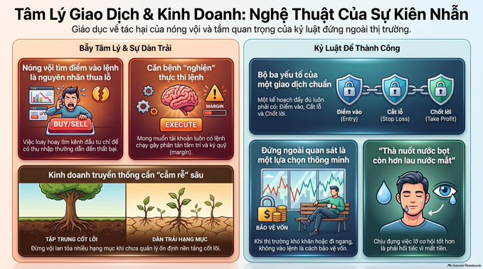 Vietnamese infographic about trading and business psychology titled 'Tâm Lý Giao Dịch & Kinh Doanh' covering emotional traps, execution discipline, and Warren Buffett's rule of waiting for the right pitch.