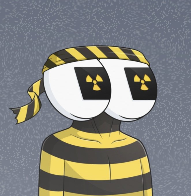 A digital illustration of a character with a head resembling goggles, featuring nuclear radiation symbols on the lenses and wearing yellow and black striped clothing with a matching headband.