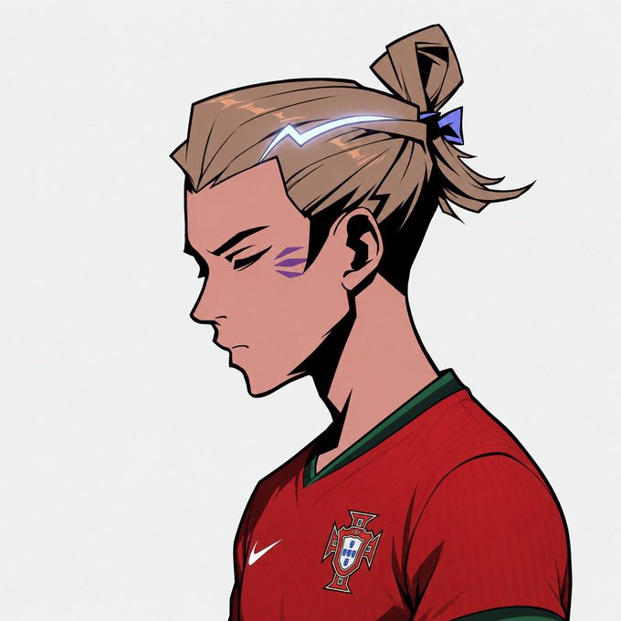 A stylized illustration of a person in profile with a top knot hairstyle, purple facial markings, and a red Portugal national soccer jersey.