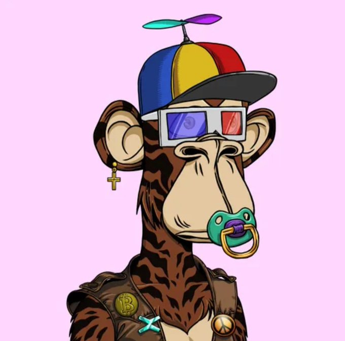 A cartoon monkey wearing a propeller beanie, 3D glasses, a pacifier, a cross earring, and a Bitcoin logo pin on a pink background.