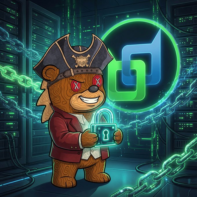 A digital illustration features a cartoon teddy bear dressed as a pirate with an eyepatch and tricorn hat, holding a glowing padlock in a server room with chains and a green circular logo.