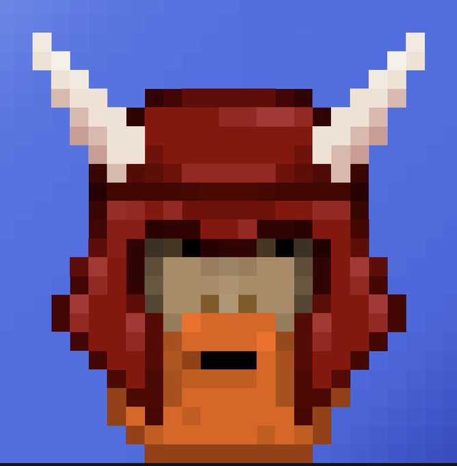 A pixel art character with white horns, a red hood, and an orange beard on a blue background, representing one of the "Mineboys" NFTs from Unclemac's collection created on ApeChain, as referenced in the accompanying tweet about rare digital collectibles.