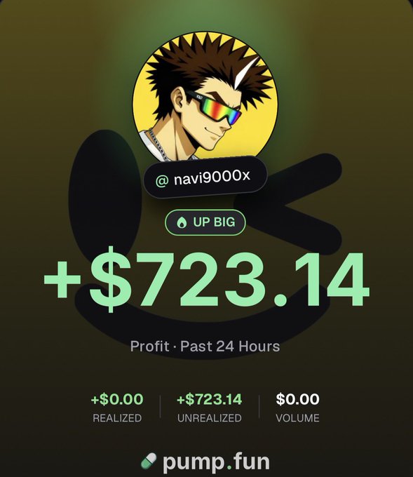 A pump.fun profit screenshot showing a user 'navi9000x' with an unrealized profit of +$723.14 over 24 hours.