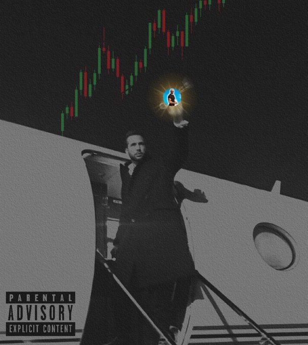 The image shows a man in a long coat descending the stairs of a private jet against a dark sky featuring a green and red stock chart, with a glowing "$Daddy" logo floating above him. A "Parental Advisory Explicit Content" label appears in the bottom left corner, reinforcing the post's "Get ready for departure!" message about the $Daddy ticker taking off.