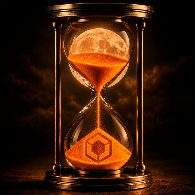An ornate hourglass filled with glowing orange sand features a full moon visible through the top bulb, set against a dark cloudy sky.