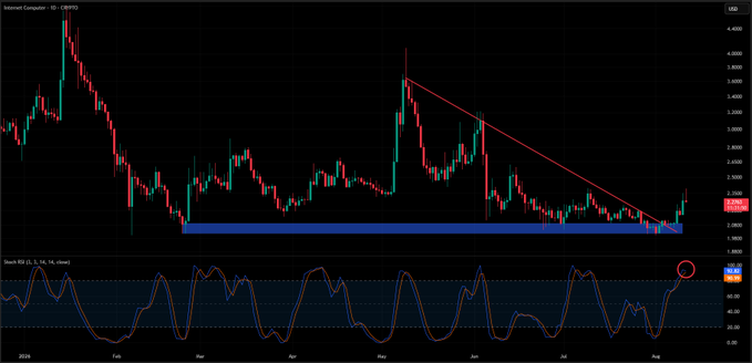 A financial candlestick chart titled 'Internet Computer - ID - CRYPTO' showing price action from February to August, featuring a red descending trendline, a blue support zone, and a Stochastic RSI indicator at the bottom with a circled area near the top right.