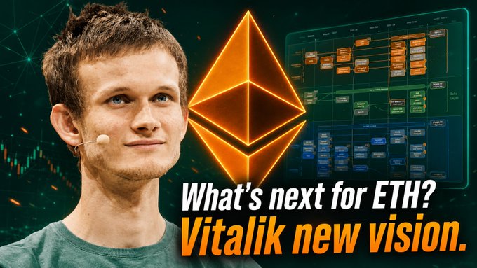 The image features Vitalik Buterin, Ethereum's co-founder, alongside the glowing orange Ethereum logo and a colorful blockchain node diagram, with the text "What's next for ETH? Vitalik new vision." displayed prominently—visually highlighting his announcement of the "Lean Ethereum" initiative aimed at overhauling the network over the next 3–4 years to make it cheaper, faster, more private, and quantum-resistant.