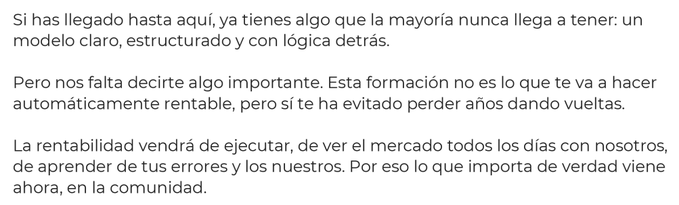 A screenshot of Spanish text discussing the importance of having a clear, structured model with logic, and how profitability comes from executing the strategy, watching the market daily, and learning from mistakes in the community.