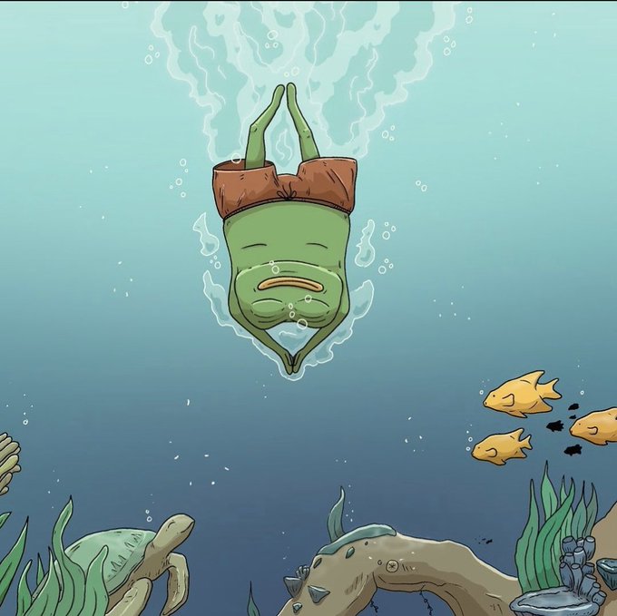 A green fish character floats upside down in the water, possibly taking a "Friday rest," with other small orange fish swimming nearby and sea plants decorating the ocean floor — capturing the laid-back vibe of the "Good morning, have a fantastic Friday!" post.