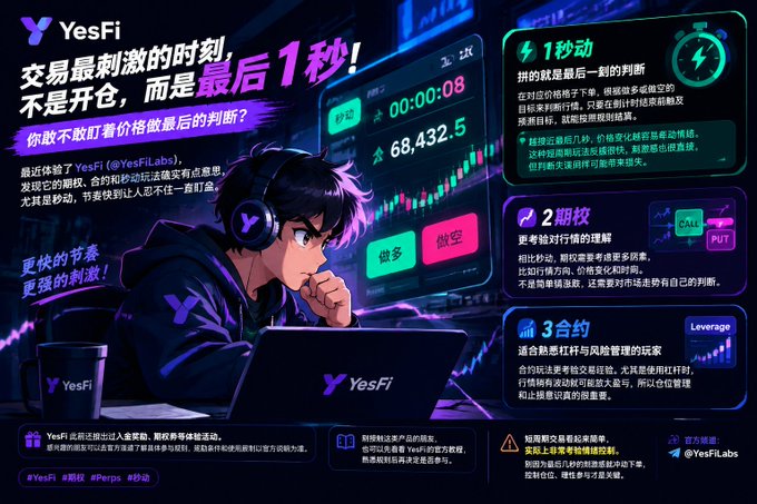 A colorful Chinese promotional graphic for “YesFi Labs” advertises trading-themed stages including “1秒动,” “2期权,” and “3合约,” alongside trading screens and anime-style artwork.