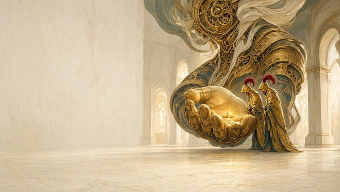 A fantasy painting depicts two robed figures with red hair standing before a giant golden foot and ornate mechanical structure inside a cathedral-like hall.