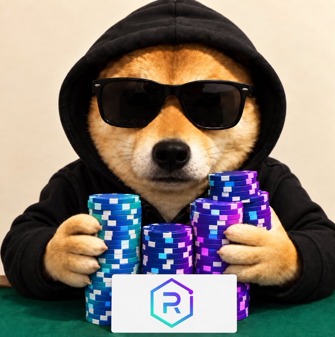 A Shiba Inu dog wearing black sunglasses and a black hoodie holds stacks of blue and purple poker chips, with a card displaying a hexagonal 'R' logo in front of it.