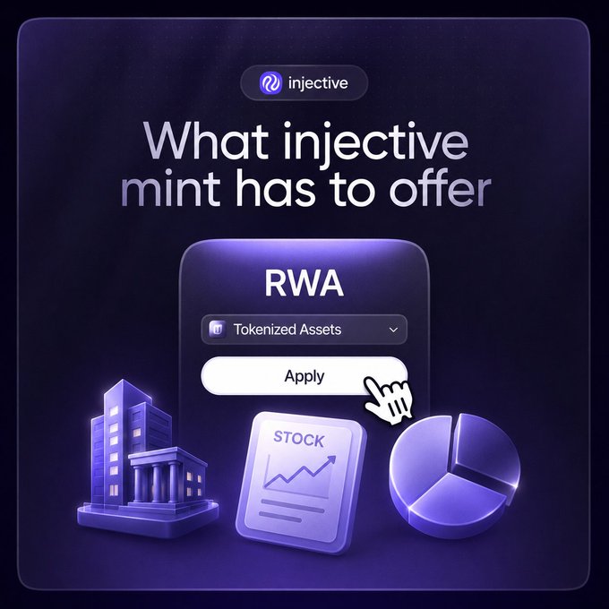 The image is a promotional graphic for Injective Mint, featuring the text "What injective mint has to offer" above a stylized dashboard interface displaying "RWA" with a "Tokenized Assets" dropdown and an "Apply" button being clicked. Surrounding 3D icons of a bank, stock certificate, and pie chart visually reinforce the real-world asset (RWA) theme, illustrating the post's point that the platform goes beyond simple tokenization to handle the complex compliance and control layers of tokenized assets.