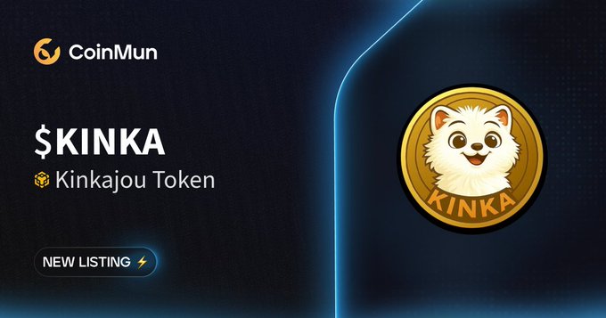 A promotional graphic from CoinMun announcing a new listing for '$KINKA Kinkajou Token', featuring a gold coin with a kinkajou (cat-like animal) and the text 'NEW LISTING'.