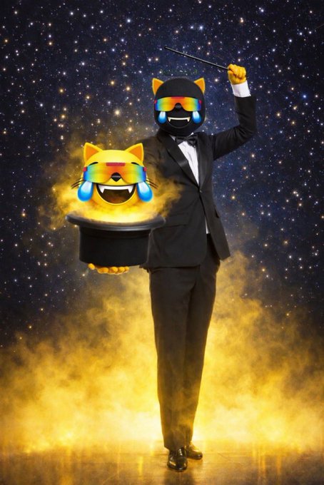 A surreal digital artwork of a magician in a black tuxedo and top hat whose face is replaced by a cat emoji with rainbow sunglasses, holding a wand and pulling another identical cat emoji from a black hat amid golden smoke against a starry sky.