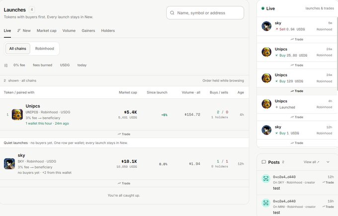 A Pump.fun launches page showing recently launched tokens on Robinhood/USDC pairs, including Unipcs ($5.4K market cap) and sky ($120.1K market cap).