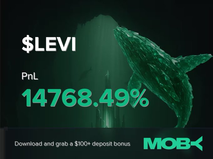 The image displays a "$LEVI" win alert with a PnL of "14768.49%" against a dark green background featuring a whale graphic, promoting Moby's mobile app with a "$100+ deposit bonus." It visually celebrates the trader's massive gain on the LEVI token, complementing the post's announcement of the +14768.49% profit as the token's market cap grew from $71.63K to $13.29M.