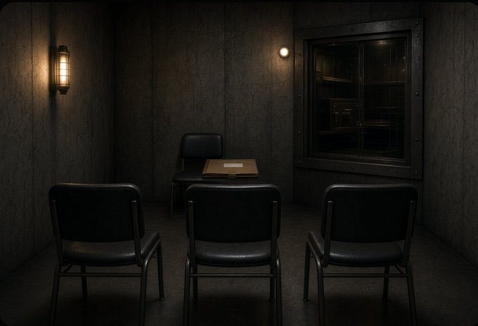 A dimly lit, dark room with textured walls, containing three black chairs facing a small table, with a vault-like window on the right side.