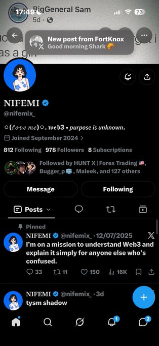 A mobile screenshot of the X (Twitter) profile for 'NIFEMI' (@nifemix), displaying a blue checkmark, the bio '♡(fore me)♡.tve63•purpose is unknown.', and a pinned post dated 12/07/2025 stating 'I'm on a mission to understert Web3 and explain it simply for anyone else who's confused.'.