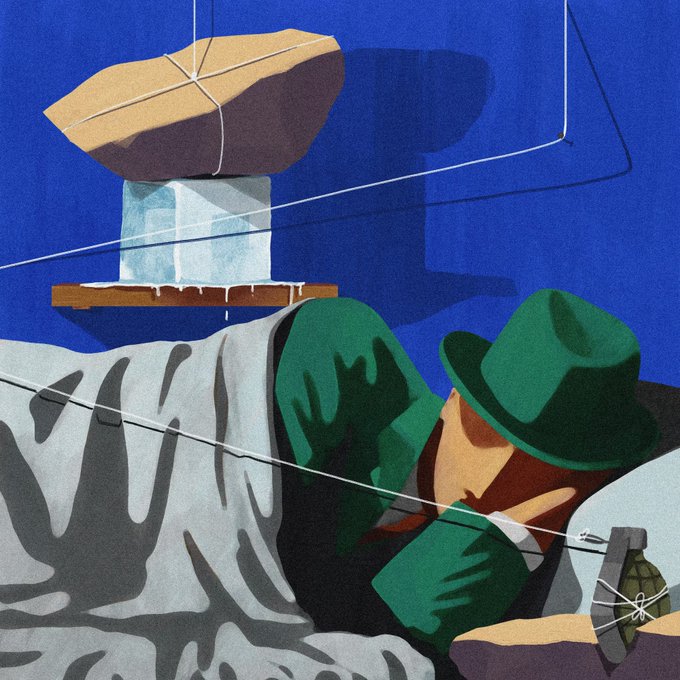 A surreal artistic painting depicts a figure in a green hat and coat resting beside a floating boulder wrapped in string, with a grenade visible at the bottom, all set against a deep blue background.