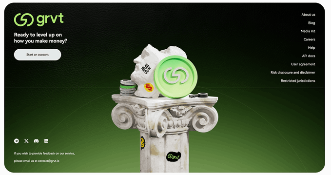 A promotional banner for Grvt (grvt.io) featuring a marble column topped with stickers, a green "Season 2" badge, and icons representing trading, holding, and earning—all aligning with the post's message about Grvt's all-in-one crypto ecosystem where users can trade, hold, and manage liquidity in one place.