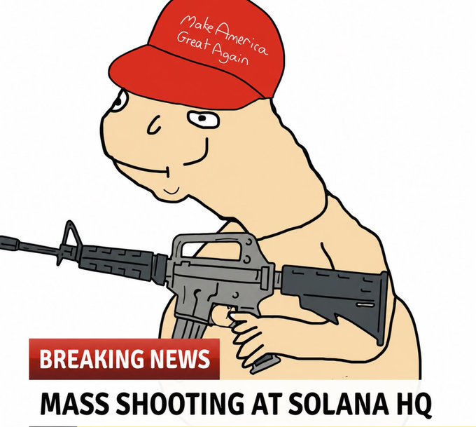 A cartoon figure wearing a red "Make America Great Again" hat holds an M16 rifle, with breaking news text reading "MASS SHOOTING AT SOLANA HQ." The image appears to satirize a Solana-based $American token giveaway, using shock-value imagery to promote the meme coin.