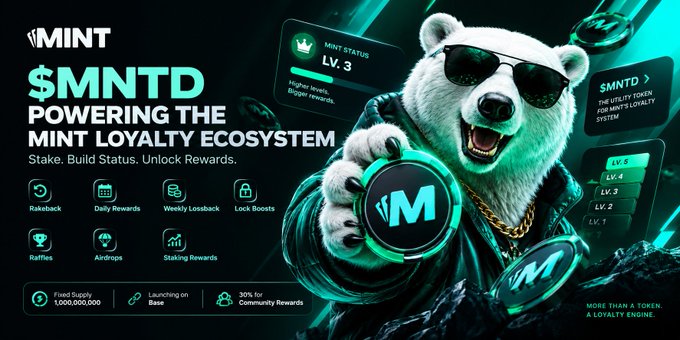 A promotional graphic for $MNTD by MINT, describing it as "Powering the Mint Loyalty Ecosystem" with features like Stake. Build Status. Unlock Rewards, featuring an animated polar bear mascot holding an M coin.