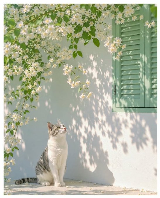 A white and gray tabby cat sits gazing upward beneath cascading white blossoms, with dappled sunlight casting leafy shadows across the pale wall beside green shutters.