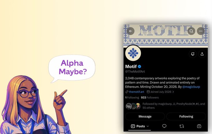 An illustration of a blonde woman with glasses pointing upward with a speech bubble saying "Alpha Maybe?" next to a Twitter/X profile for "Motif" (@TheMotifArt) with a bio about creating 2,048 contemporary artworks exploring pattern and time, with a "MOTIF" header.