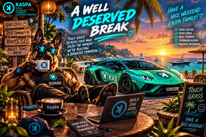 A promotional poster for KASPA cryptocurrency titled "A WELL DESERVED BREAK" featuring a dog character named KONAN, a green Lamborghini, and text listing "GOOD COFFEE, GOOD VIBES, REAL FRIENDS, STRONGER KASPA, MASSIVE POTENTIAL."