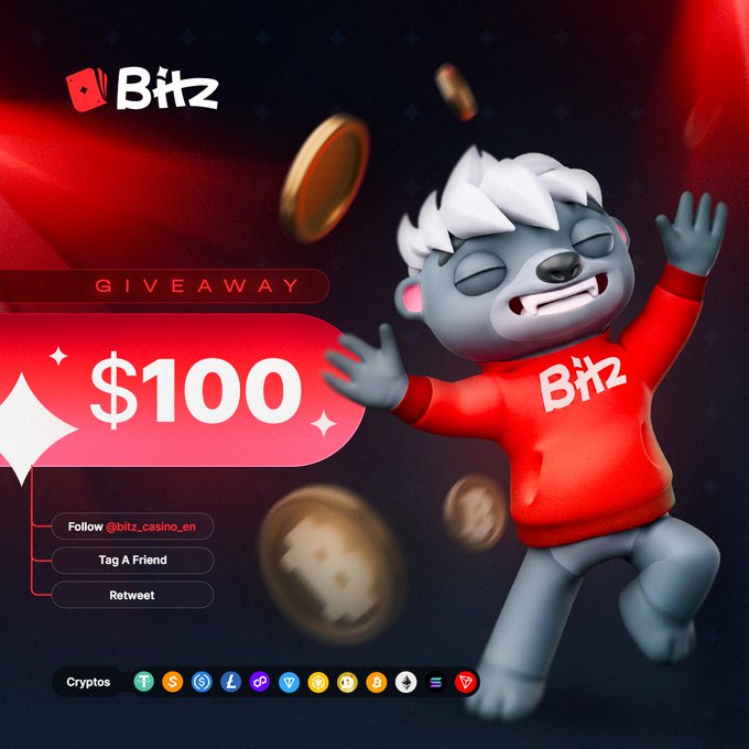 A Blitz (BLITZ) cryptocurrency giveaway advertisement featuring a 3D gray beaver mascot in a red hoodie, offering $100 for following, tagging, and retweeting.