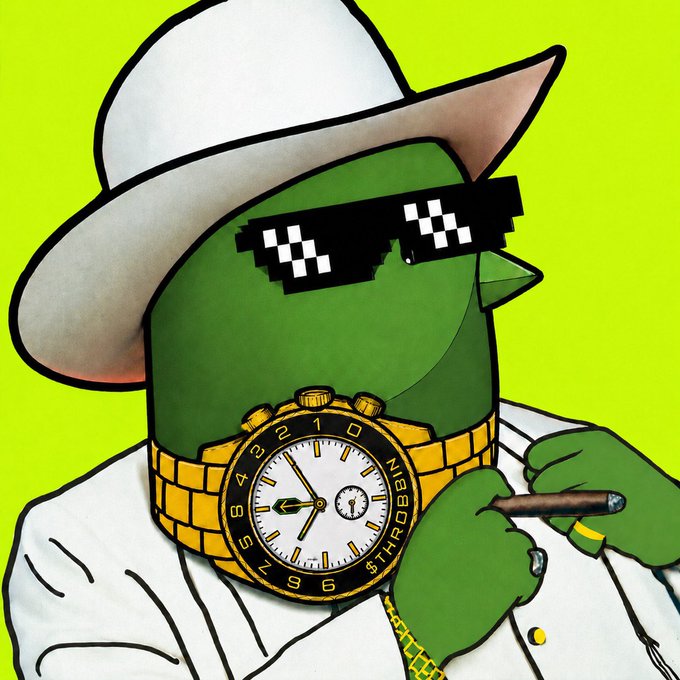 An illustration of a green cartoon character wearing a white cowboy hat, pixelated 'deal with it' sunglasses, a gold watch, and holding a cigar against a bright yellow-green background.
