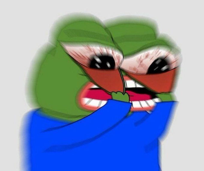 A digitally edited cartoon image of two green-headed Pepe frogs biting each other, with their mouths clenched together and wide eyes showing distress.