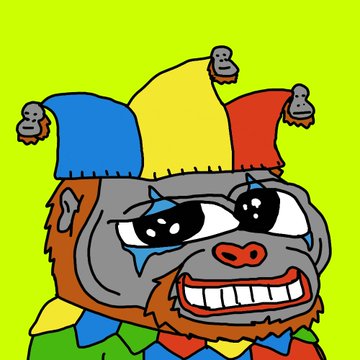A digital illustration of a sad, crying gray creature wearing a colorful jester hat and collar against a bright green background.