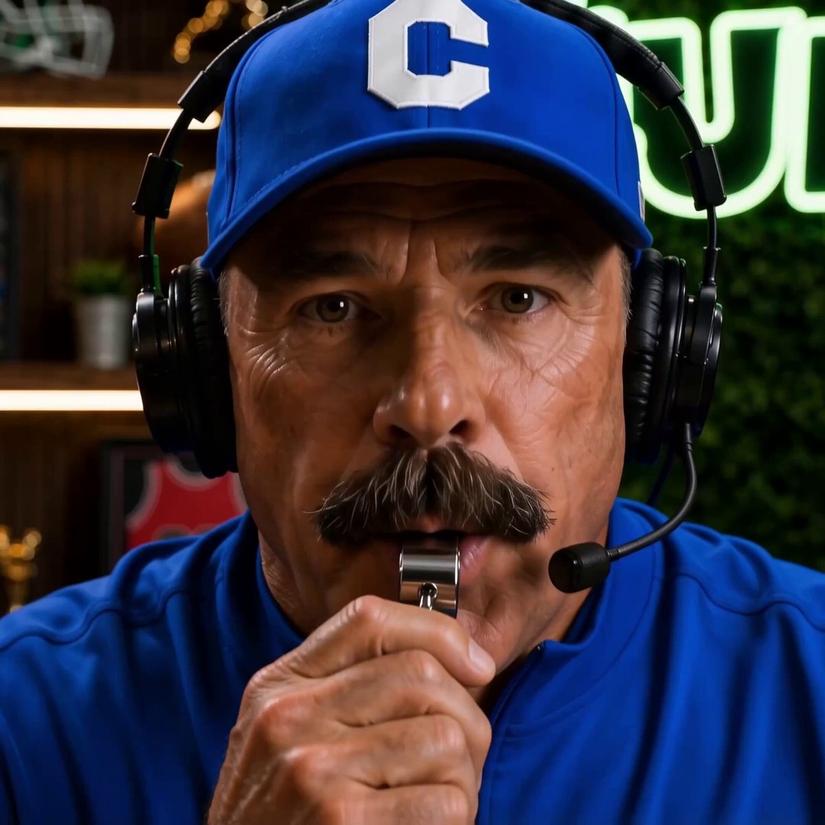 The image features an older man wearing a blue hat with a white "C" logo sitting down while holding a whistle. He appears to be a professional baseball coach or umpire, as he has a microphone attached to his shirt. The background of the photo shows a sports setting, possibly a stadium or a practice facility. There is also a potted plant visible in the scene.