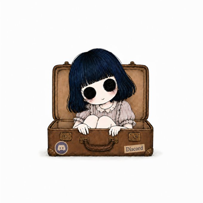Illustration of a dark-haired doll-like girl with large black eyes sitting inside a brown suitcase labeled 'Discord' with a Discord logo sticker.