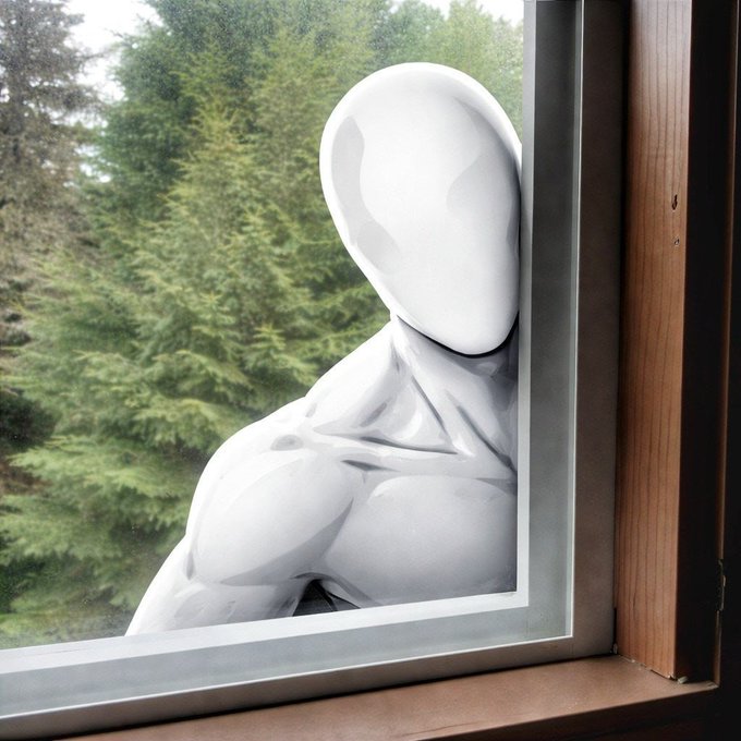 A sleek white featureless mannequin gazes out a rain-speckled window at lush green trees, symbolizing the "nothing" being held with contentment—mirroring the meme's sarcastic celebration of holding the $NOTHING token.